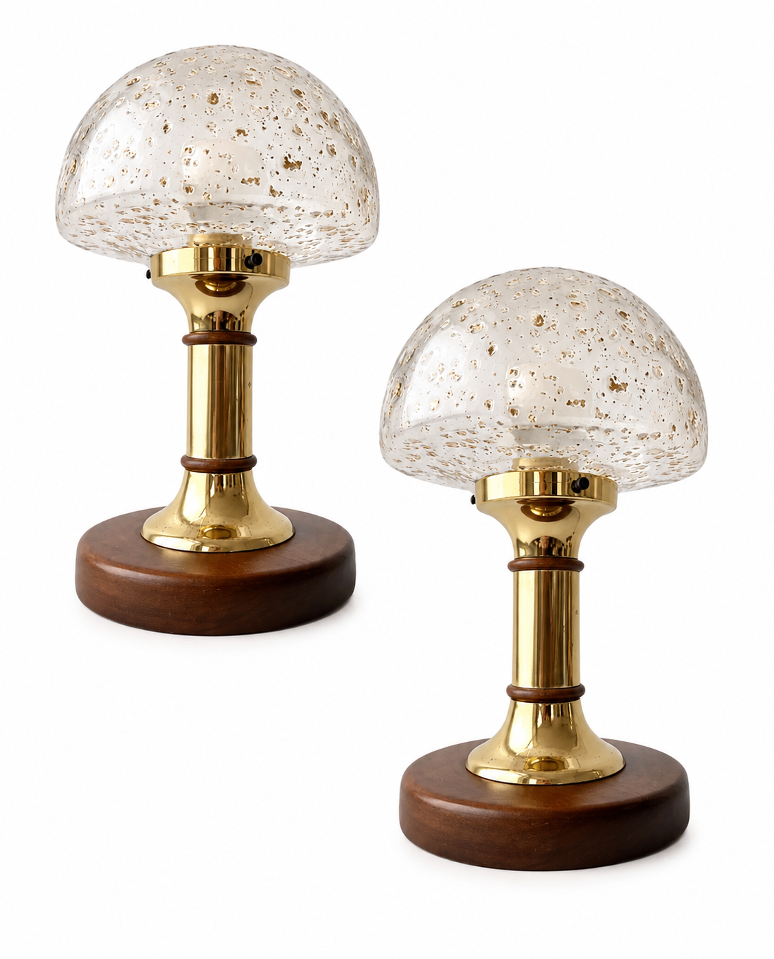 Vintage Helena Tynell Style Bubble Glass Table Lamps, Temde Brass Wood Pair