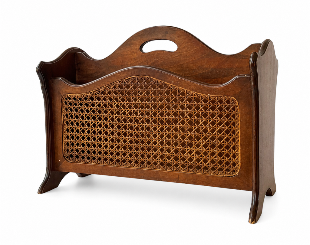 Vintage German Wooden Rattan Magazine Rack, Mid-Century Cane Newspaper Holder 1950s–70s
