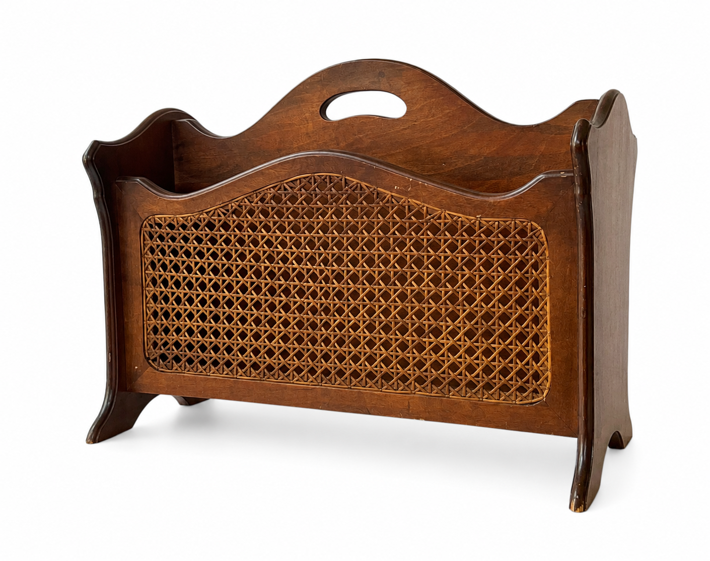 Vintage German Wooden Rattan Magazine Rack, Mid-Century Cane Newspaper Holder 1950s–70s