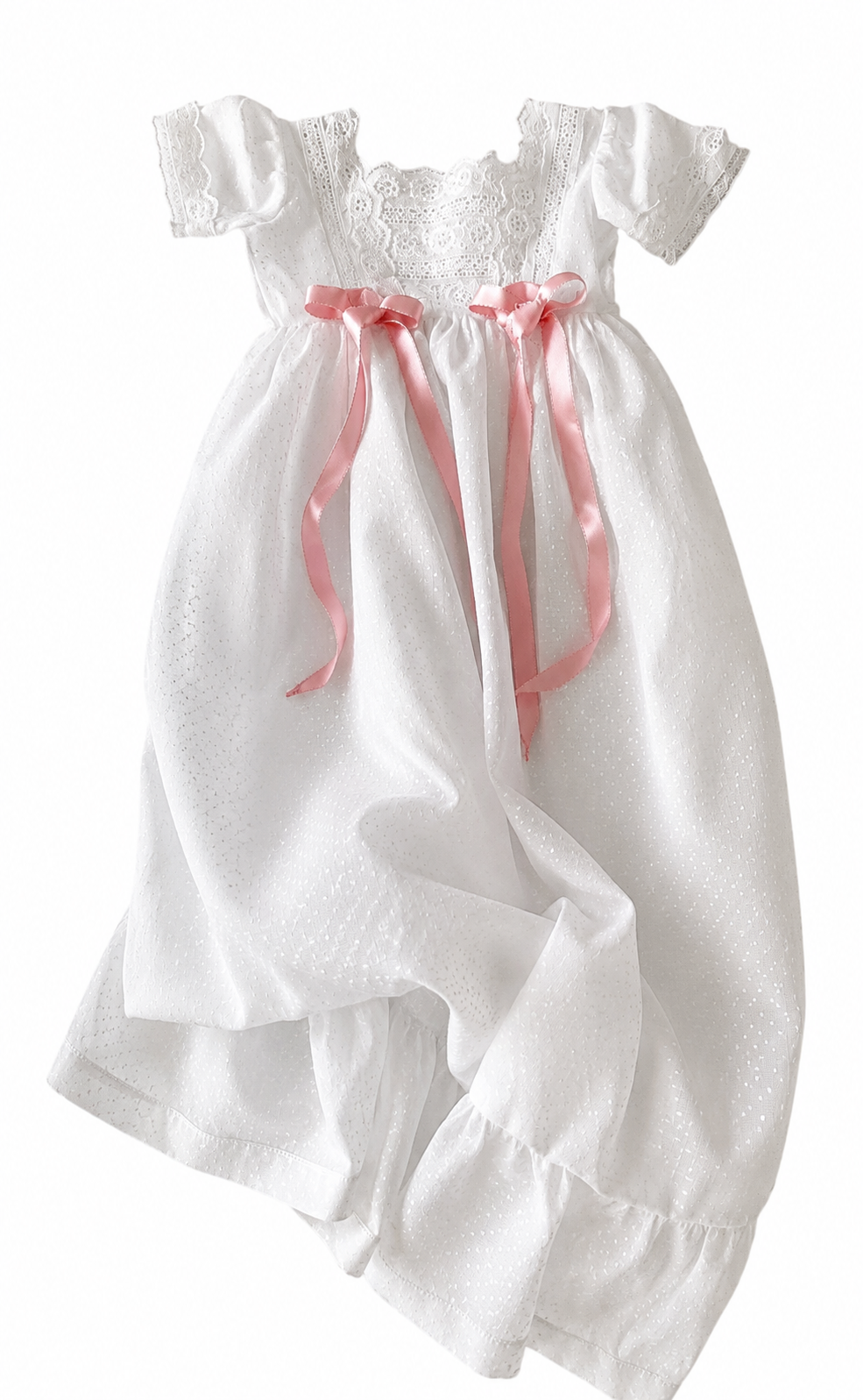 Vintage Eminence Paris Christening Gown, French White Batiste Lace Baby Dress With Pink Ribbons