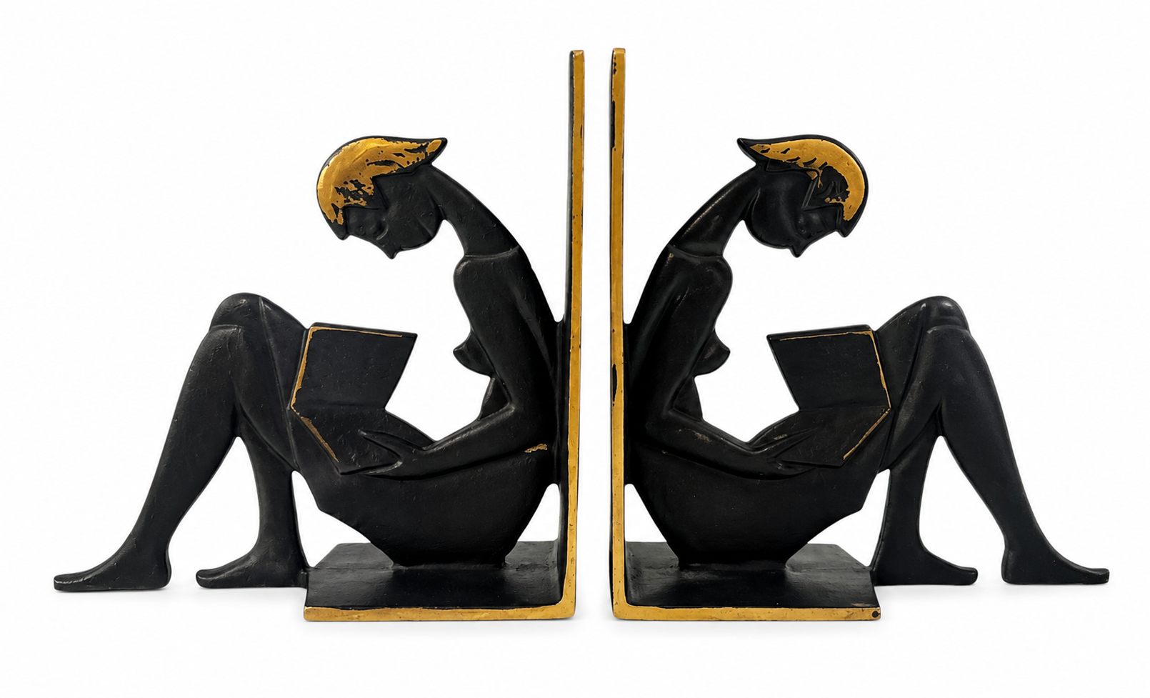 Vintage 1950s Brass Reading Girl Bookends, Black And Gold Mid Century Bookends