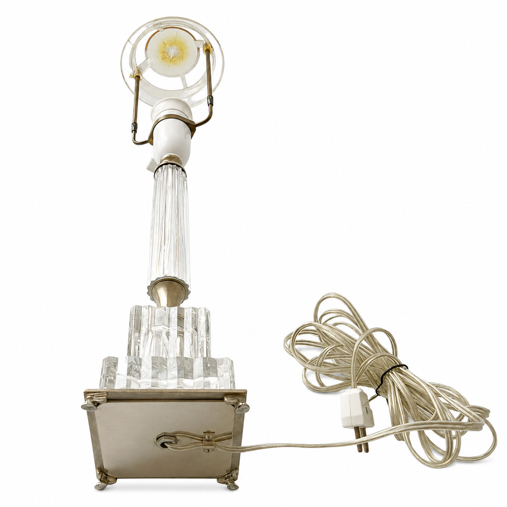 Vintage German Crystal Column Table Lamp, 1960s Neoclassical Glass Lamp With Silver Metal Details