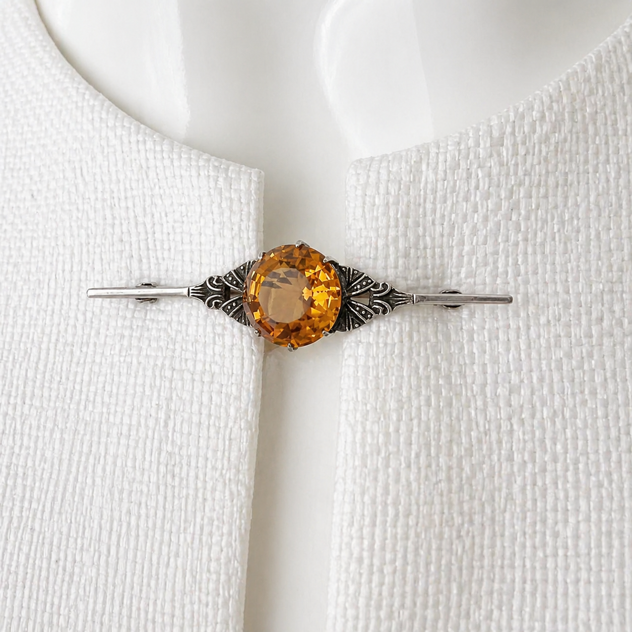Art Deco Bar Brooch Orange Stone Silver Filigree 1920s Vintage Pin