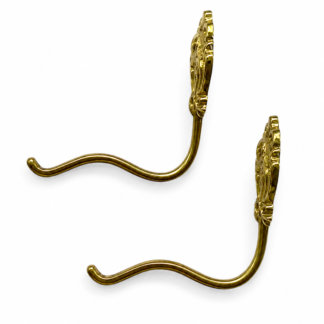 Pair Ornate Brass Wall Hooks, Vintage German Coat Hat Hangers