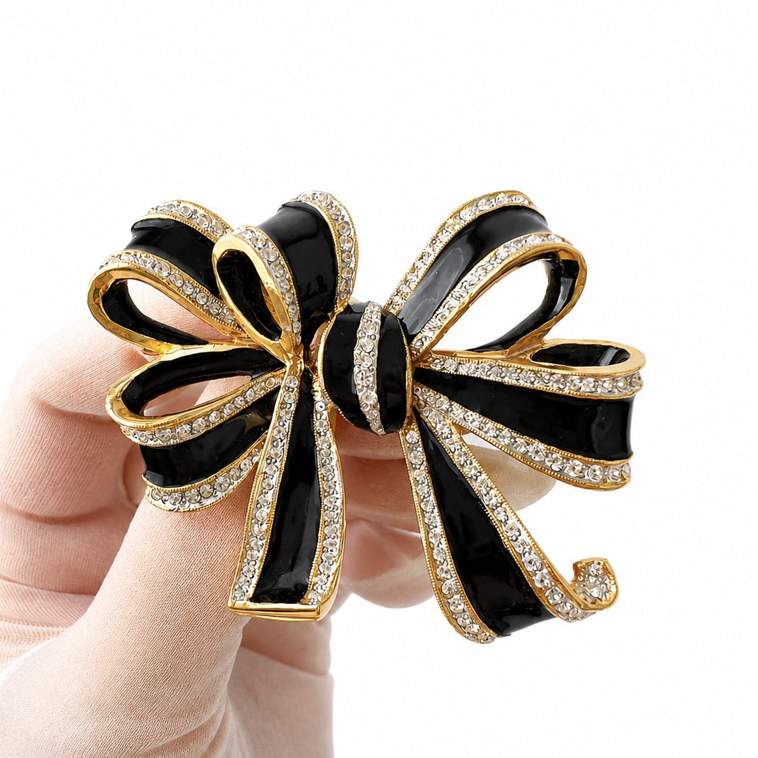 Vintage L’OFFICIEL Italy Black Enamel Bow Brooch Gold Tone Crystal Pin