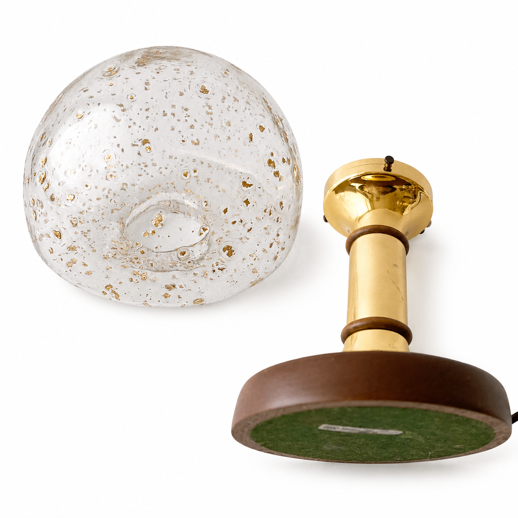 Vintage Helena Tynell Style Bubble Glass Table Lamps, Temde Brass Wood Pair