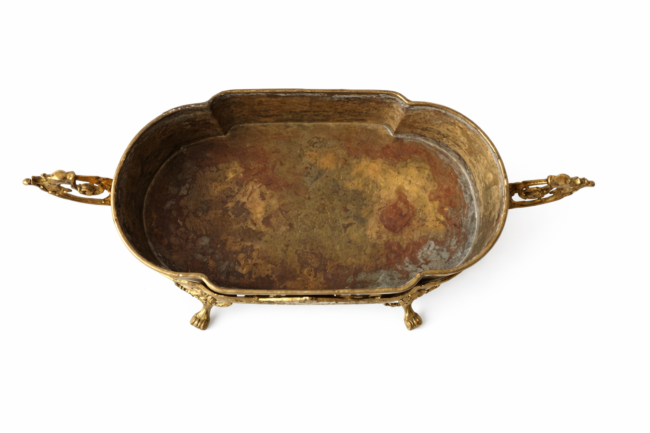 Antique French Dragon-Handle Brass Jardinière, Planter, Oval Footed Centrepiece.