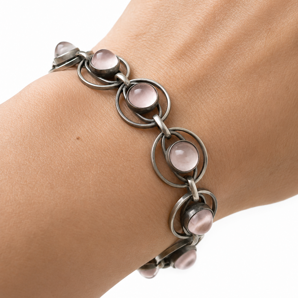 Vintage Danish 835 Silver Rose Quartz Bracelet, 1970s Scandinavian Modernist Link Bracelet