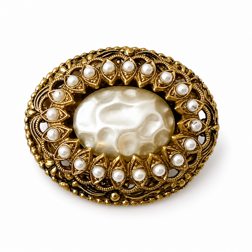 Vintage Miriam Haskell Style Faux Pearl Brooch, Gold Tone Filigree Pin