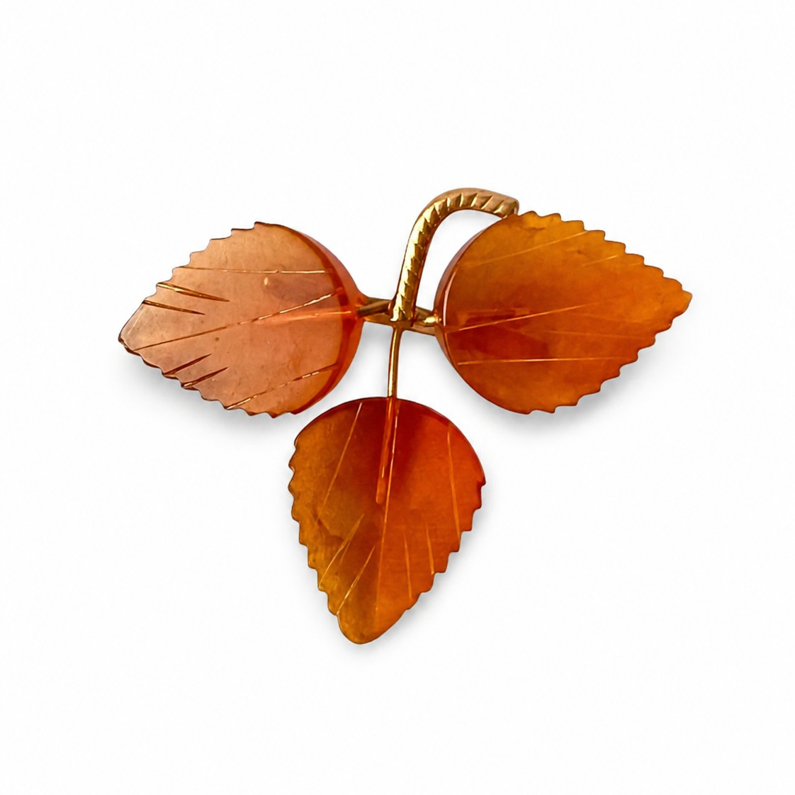 Vintage Baltic Amber Leaves Brooch - Gold Plated Brass Frame, USSR 1980s