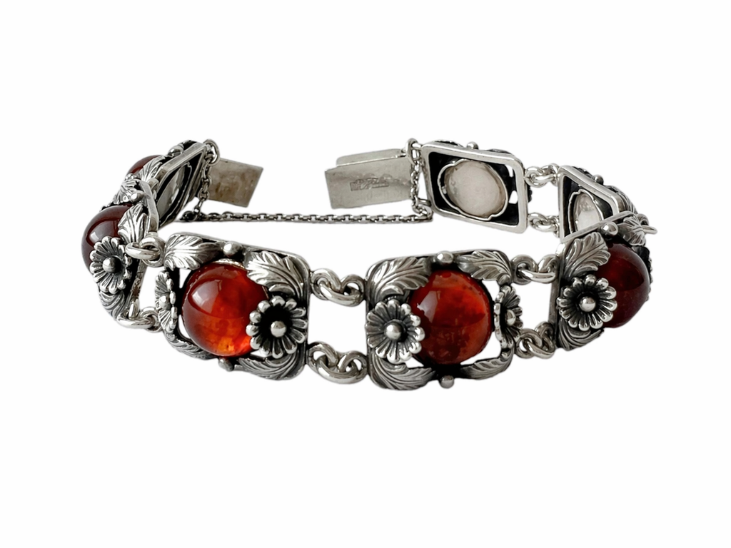 Vintage Baltic Amber Bracelet, Daisy Design, Sterling Silver, Danish Modernist, Niels Erik From