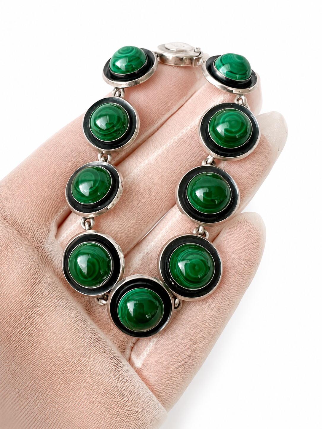 Vintage Malachite Bracelet, Sterling Silver, Danish Modernist, Niels Erik From