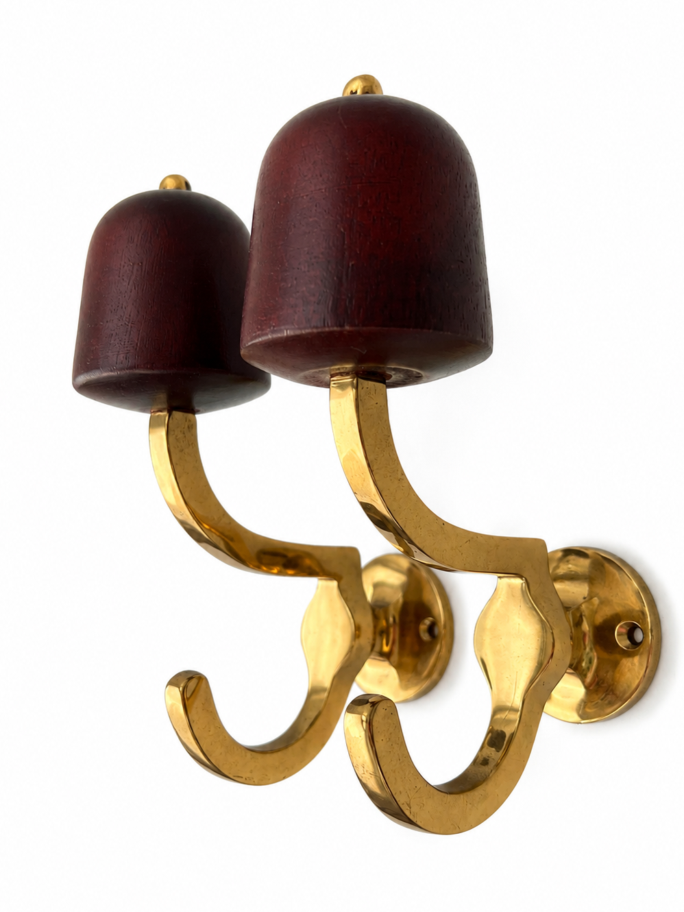 Pair Of Vintage Brass And Wood Wall Hooks, Mid Century Hallway Hardware