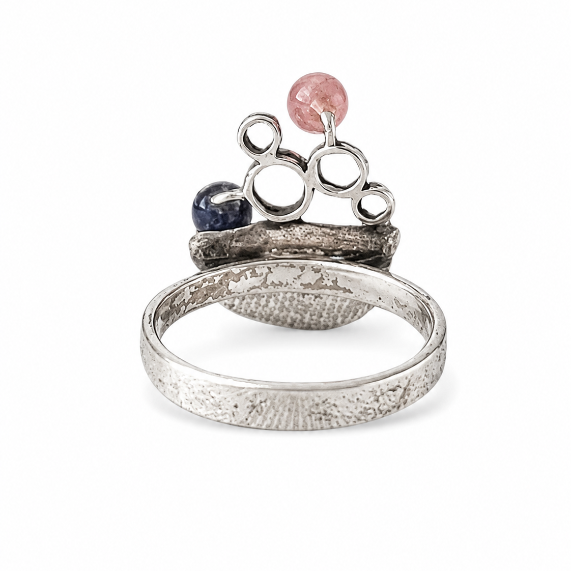 Vintage Modernist 835 Silver Ring, Rose Quartz Lapis Lazuli, Sculptural Statement Ring
