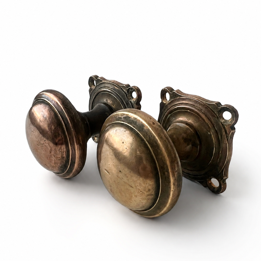 Antique Cast Brass Door Knobs Pair, Heavy Round Handles, Square Backplates
