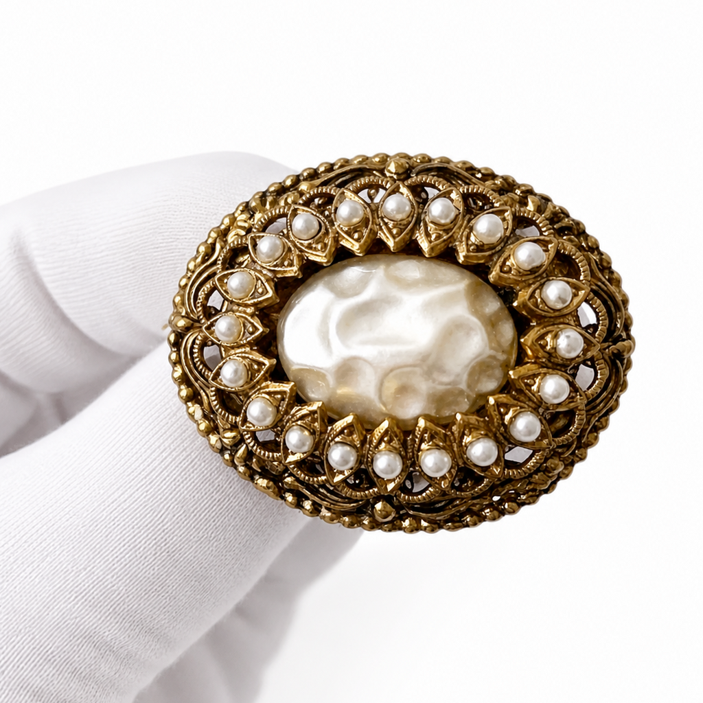 Vintage Miriam Haskell Style Faux Pearl Brooch, Gold Tone Filigree Pin