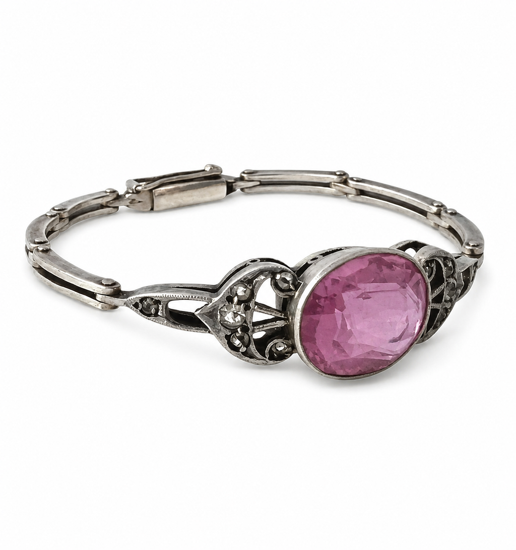 Soviet Russian 875 Silver Bracelet • Russkie Samotsvety • Pink Stone • 1960s USSR