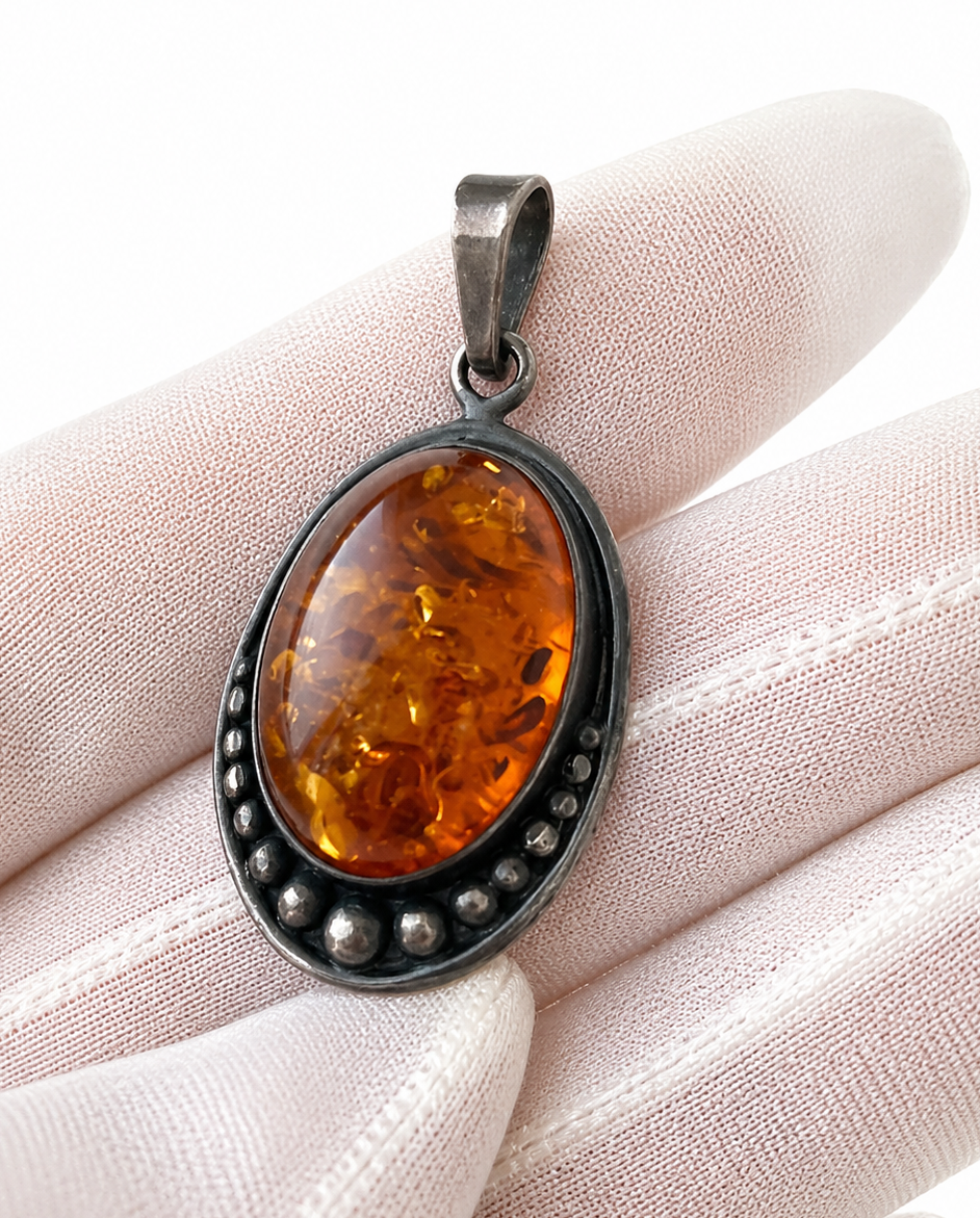 Vintage Baltic Amber Sterling Silver Pendant, 925 Beaded Oval Cabochon