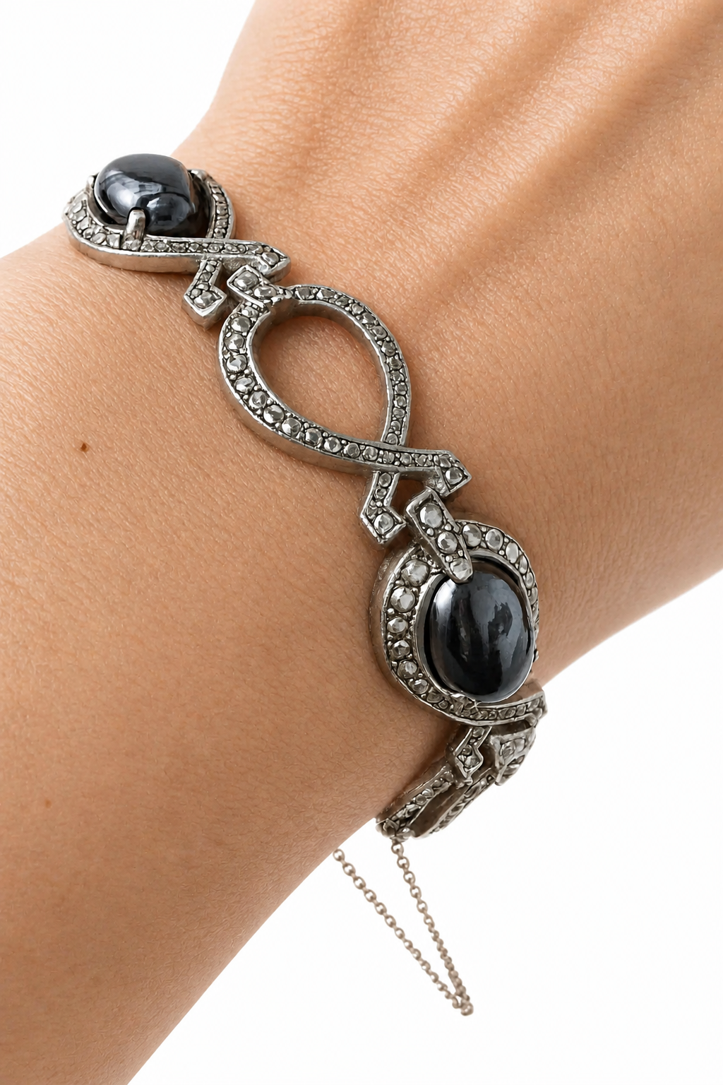 Art Deco 800 Silver Marcasite Hematite Bracelet, 1920s Filigree Jewellery