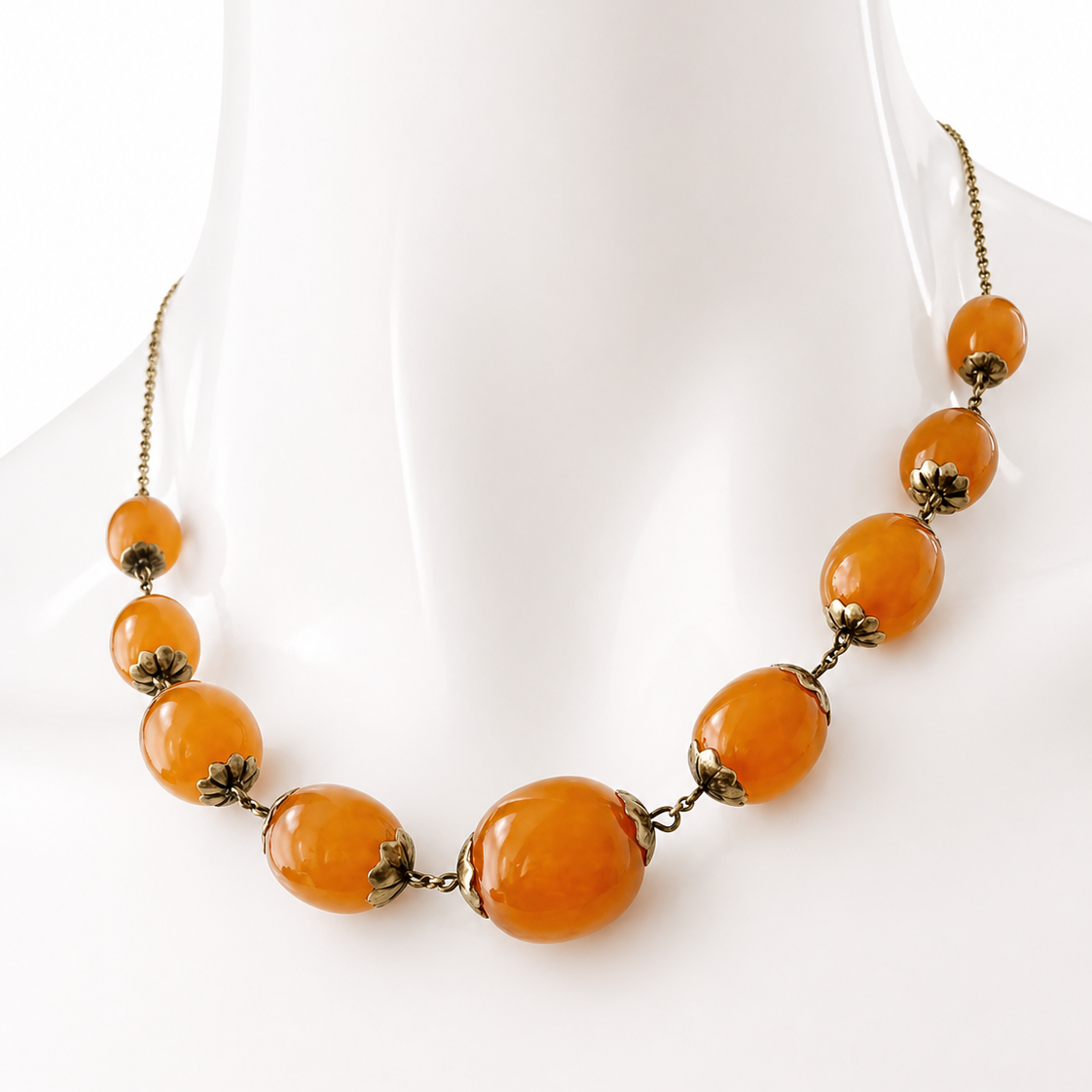 Vintage Soviet Amber Necklace, 875 Silver Gold-Plated Chain, 1950s USSR Jewelry