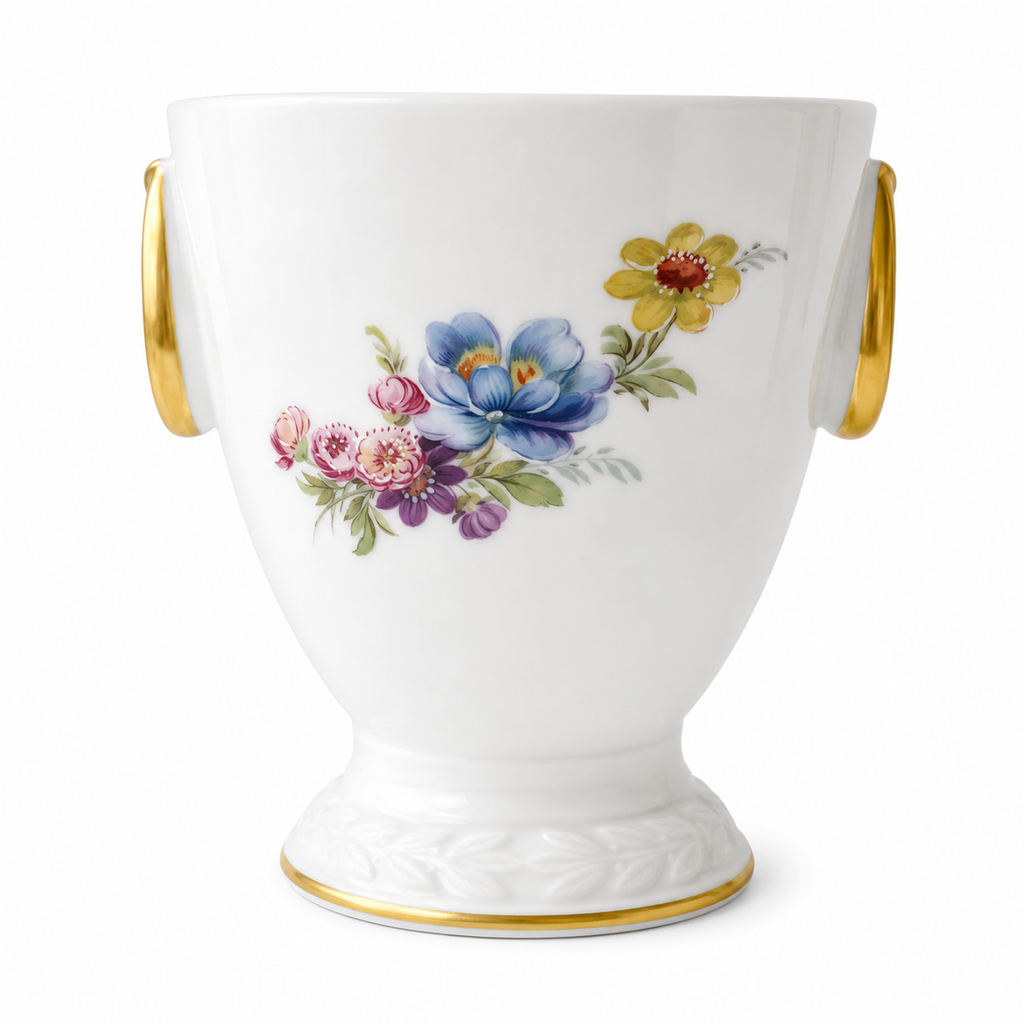 Porzellan Gloria Cachepot, West Germany Floral Porcelain Vase, Gold Trim