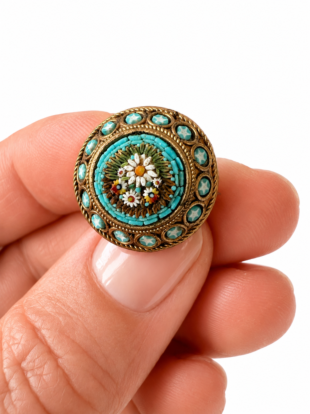 Antique Italian Micro Mosaic Brooch, Turquoise Floral Gilt Pin, Early 20th Century