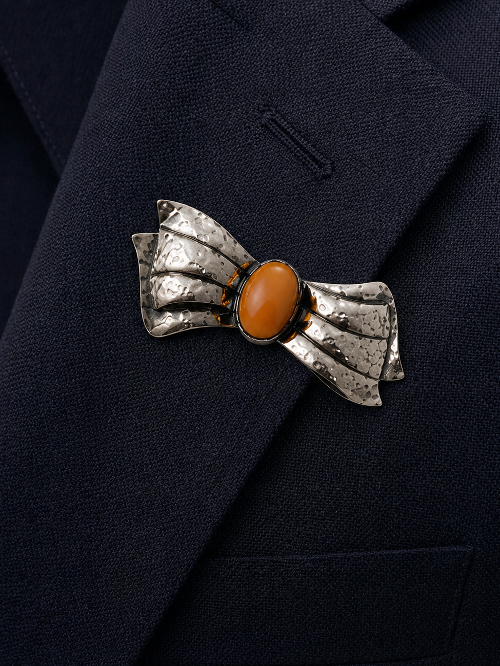 Vintage Silver Bow Brooch Baltic Amber Cabochon