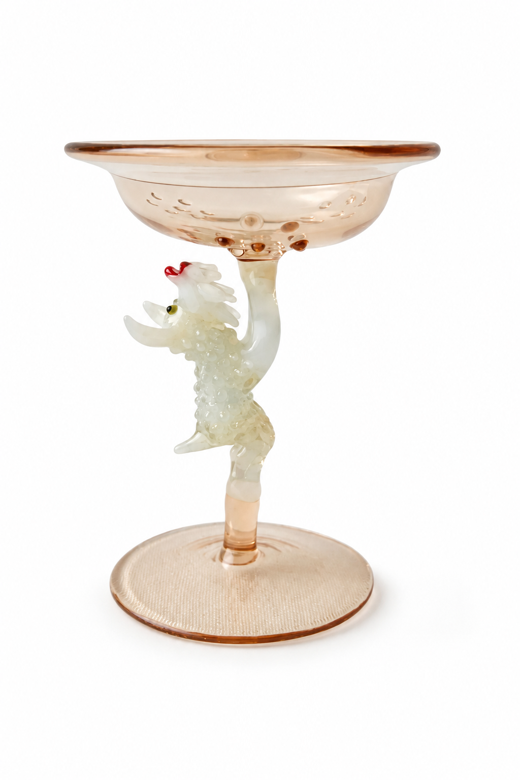 Lauscha Glass Goblet, Early 20th Century White Dog Stem German Art Glass Chalice