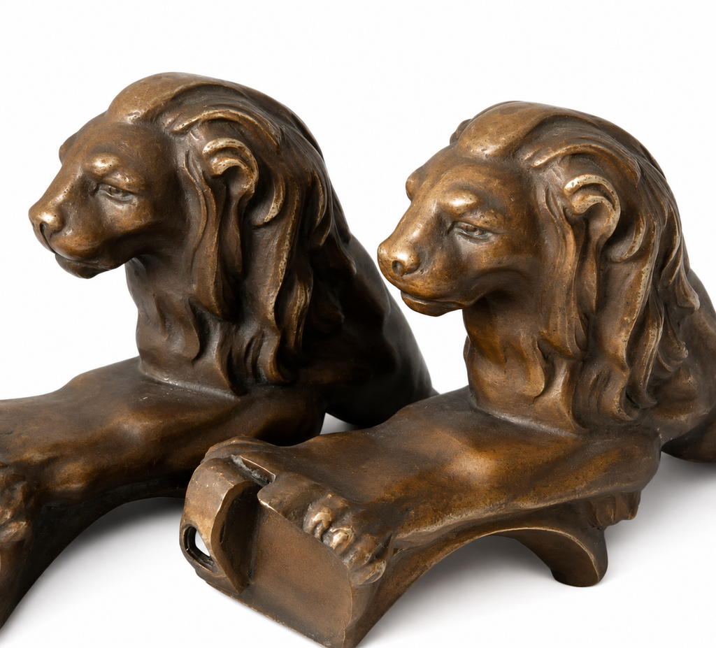 Antique Bronze Lion Armrest Mounts, Pair, 19th Century Empire Revival Furniture Fittings