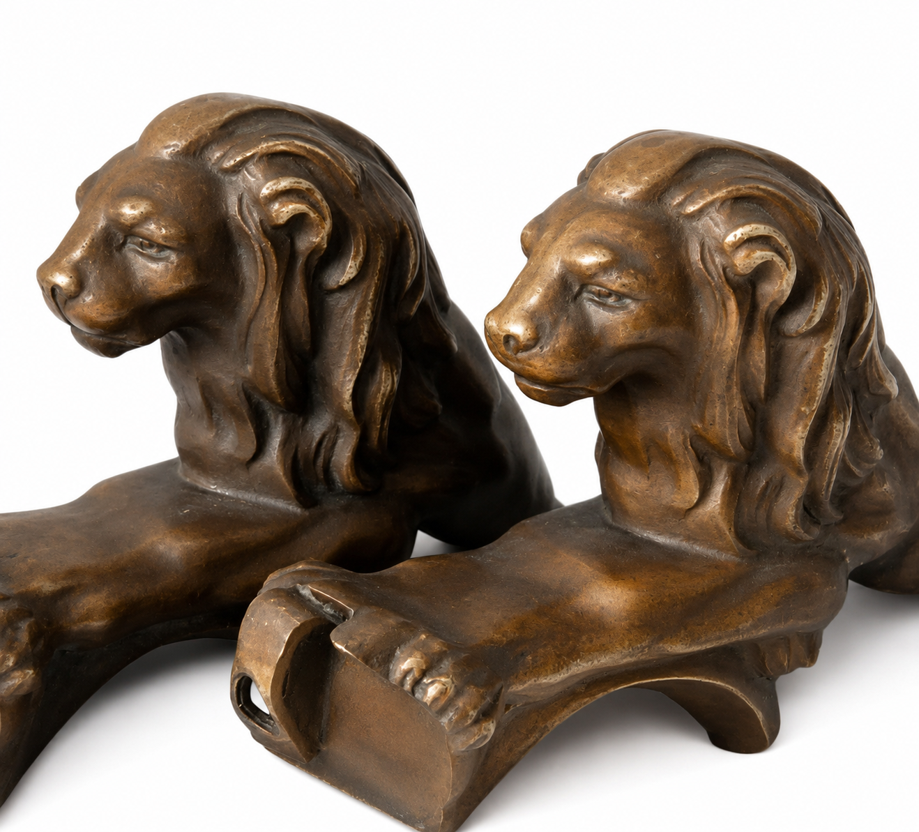 Antique Bronze Lion Armrest Mounts, Pair, 19th Century Empire Revival Furniture Fittings