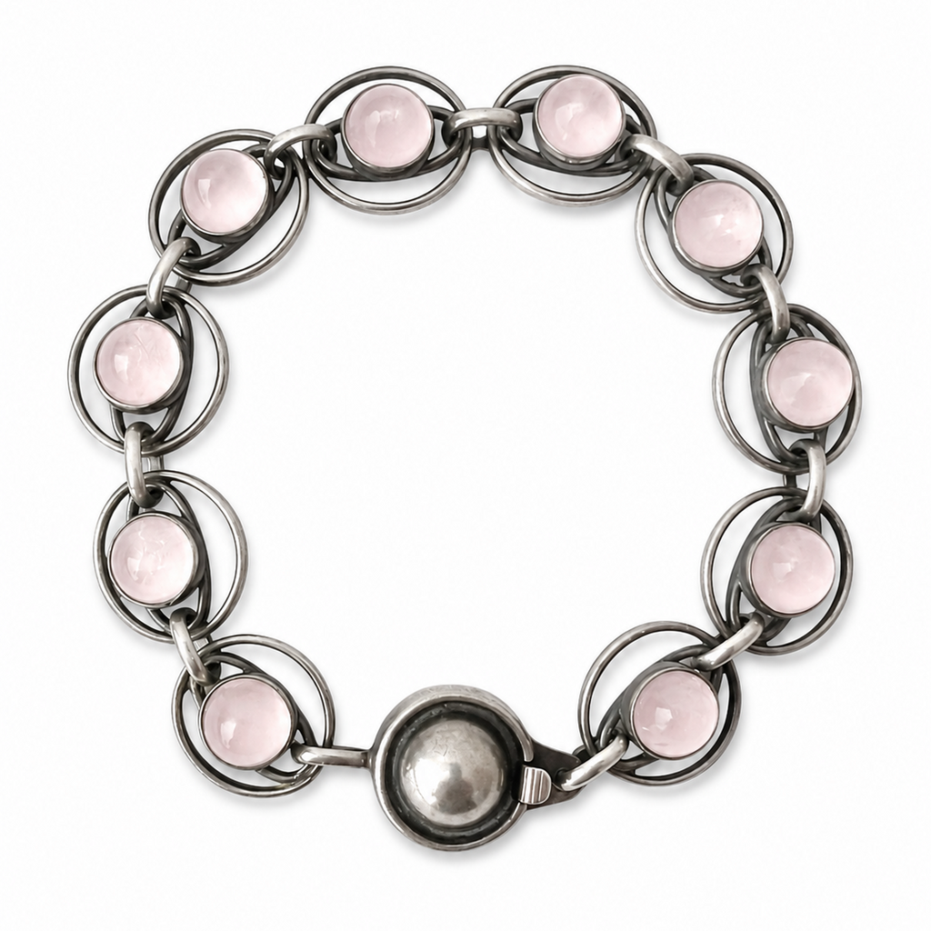 Vintage Danish 835 Silver Rose Quartz Bracelet, 1970s Scandinavian Modernist Link Bracelet