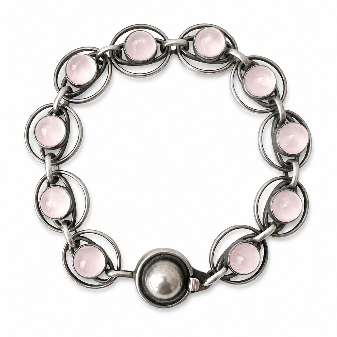 Vintage Danish 835 Silver Rose Quartz Bracelet, 1970s Scandinavian Modernist Link Bracelet