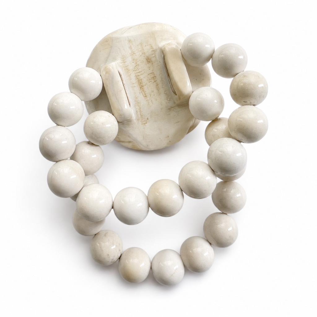 Vintage Hand Carved White Agate Flower Bracelet, Heavy Statement Bead Bracelet