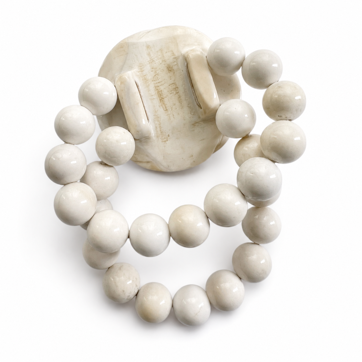 Vintage Hand Carved White Agate Flower Bracelet, Heavy Statement Bead Bracelet