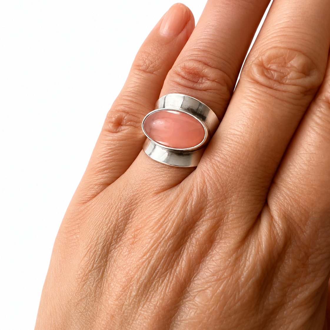 Niels Erik From Sterling Silver Rose Quartz Ring, Danish Modernist Scandinavian Statement Ring