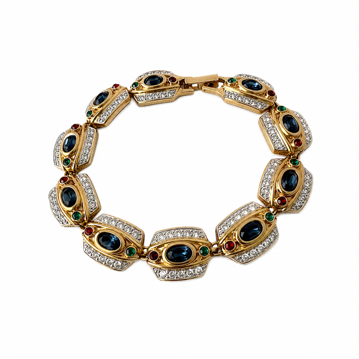 Vintage Gold Tone Multicolour Rhinestone Bracelet, Signed Statement Costume Jewellery