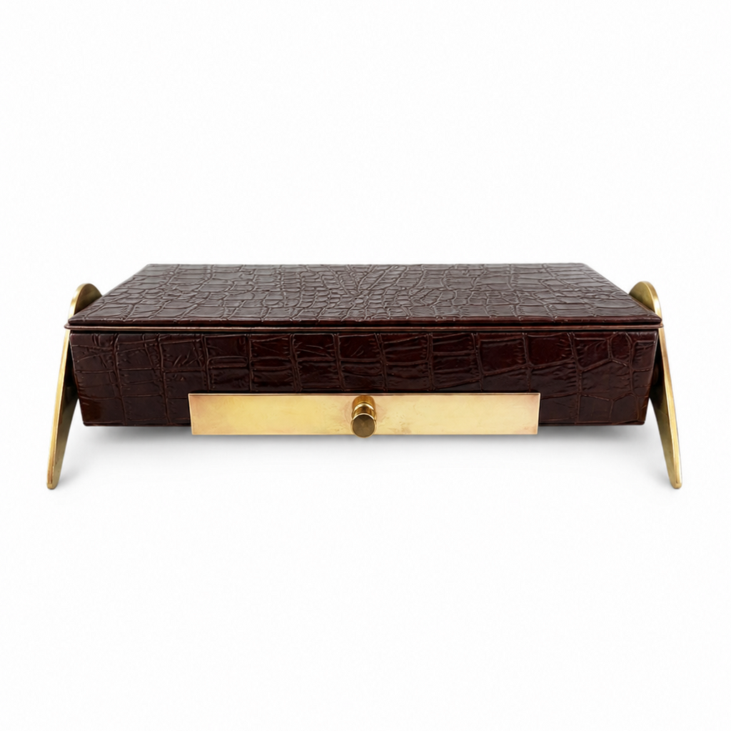 Vintage Brass and Wood Desk Box, Crocodile Effect Storage Box