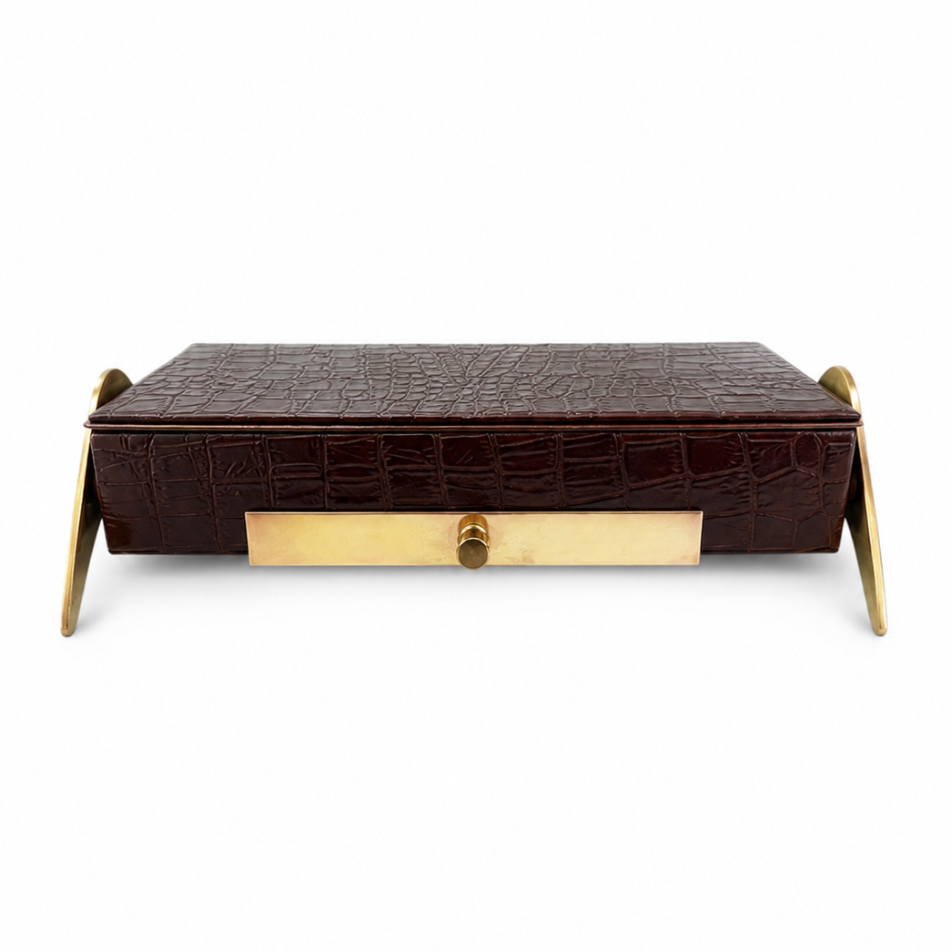 Vintage Brass and Wood Desk Box, Crocodile Effect Storage Box