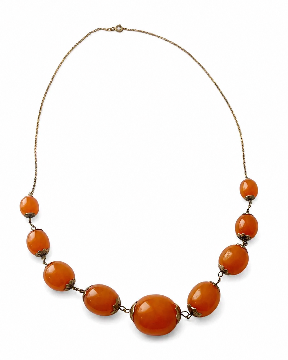 Vintage Soviet Amber Necklace, 875 Silver Gold-Plated Chain, 1950s USSR Jewelry