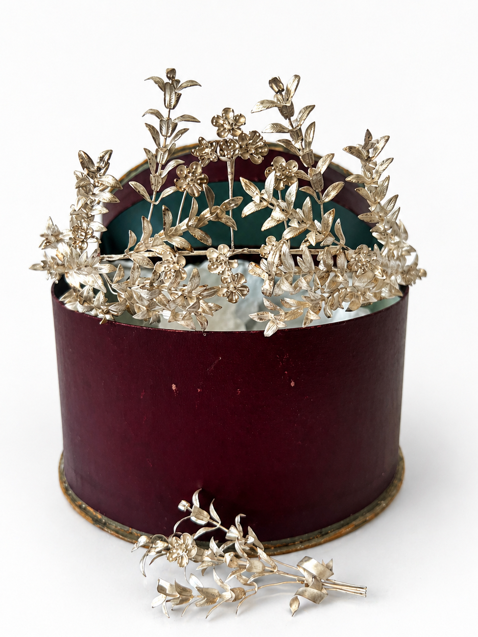 Antique German 800 Silver Myrtle Bridal Crown Tiara With Groom Buttonhole & Original Box