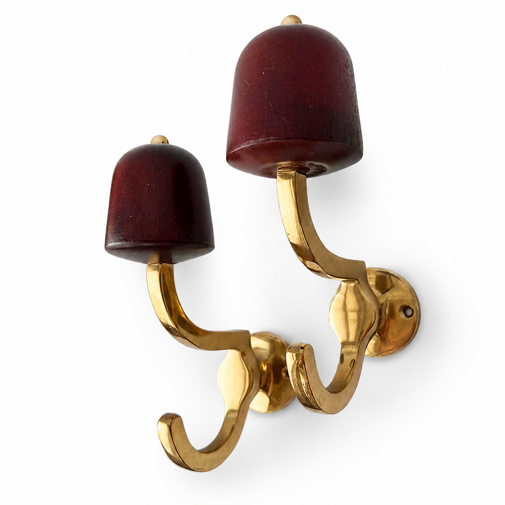 Pair Of Vintage Brass And Wood Wall Hooks, Mid Century Hallway Hardware