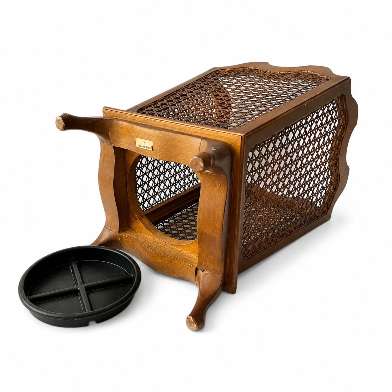 Vintage German Rattan Waste Paper Bin, 1950s Wooden Chippendale Leg Cane Basket