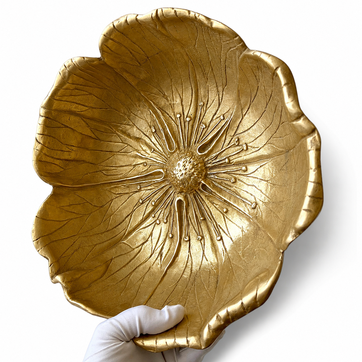 Vintage Solid Brass Flower Bowl, Heavy Bronze Gold Sculptural Centrepiece, Large Floral Decorative Bowl