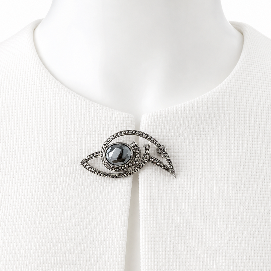 Antique Art Deco 800 Silver Marcasite Hematite Eye Brooch