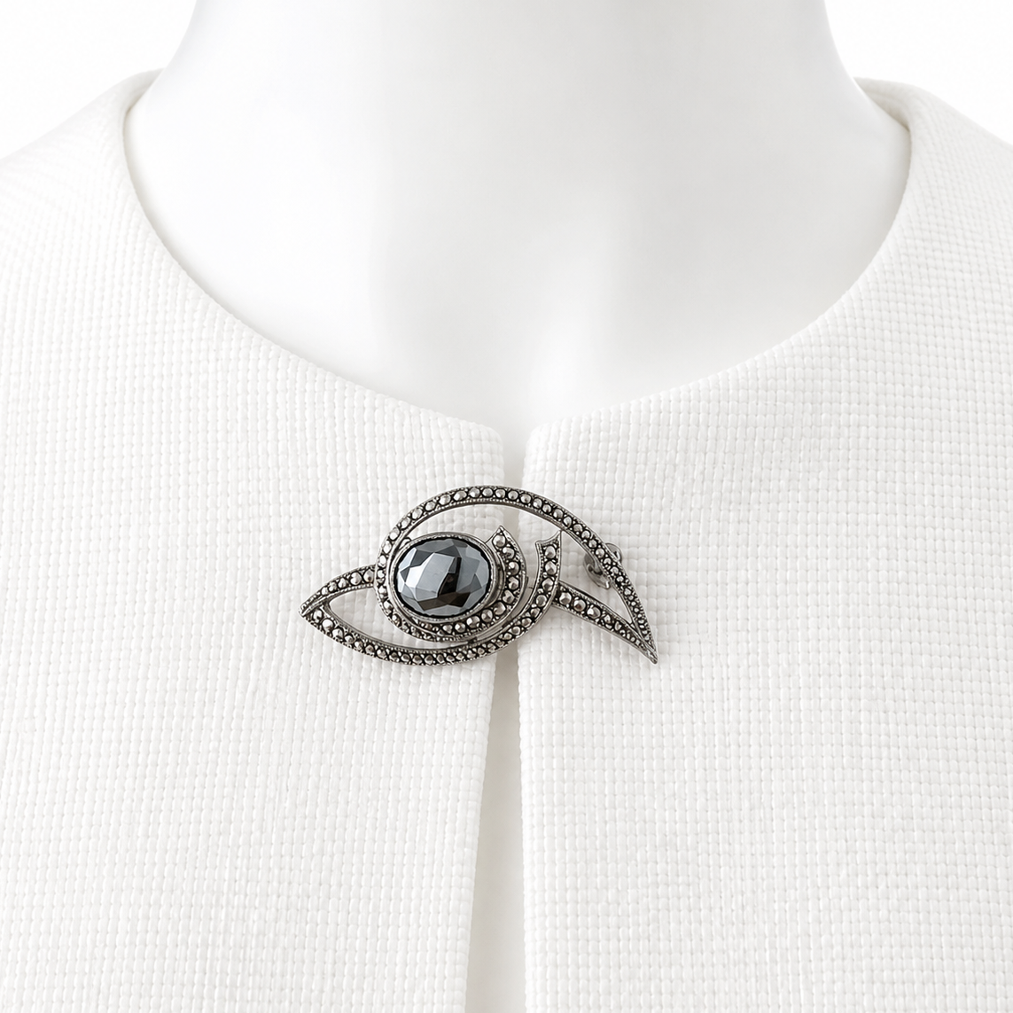 Antique Art Deco 800 Silver Marcasite Hematite Eye Brooch