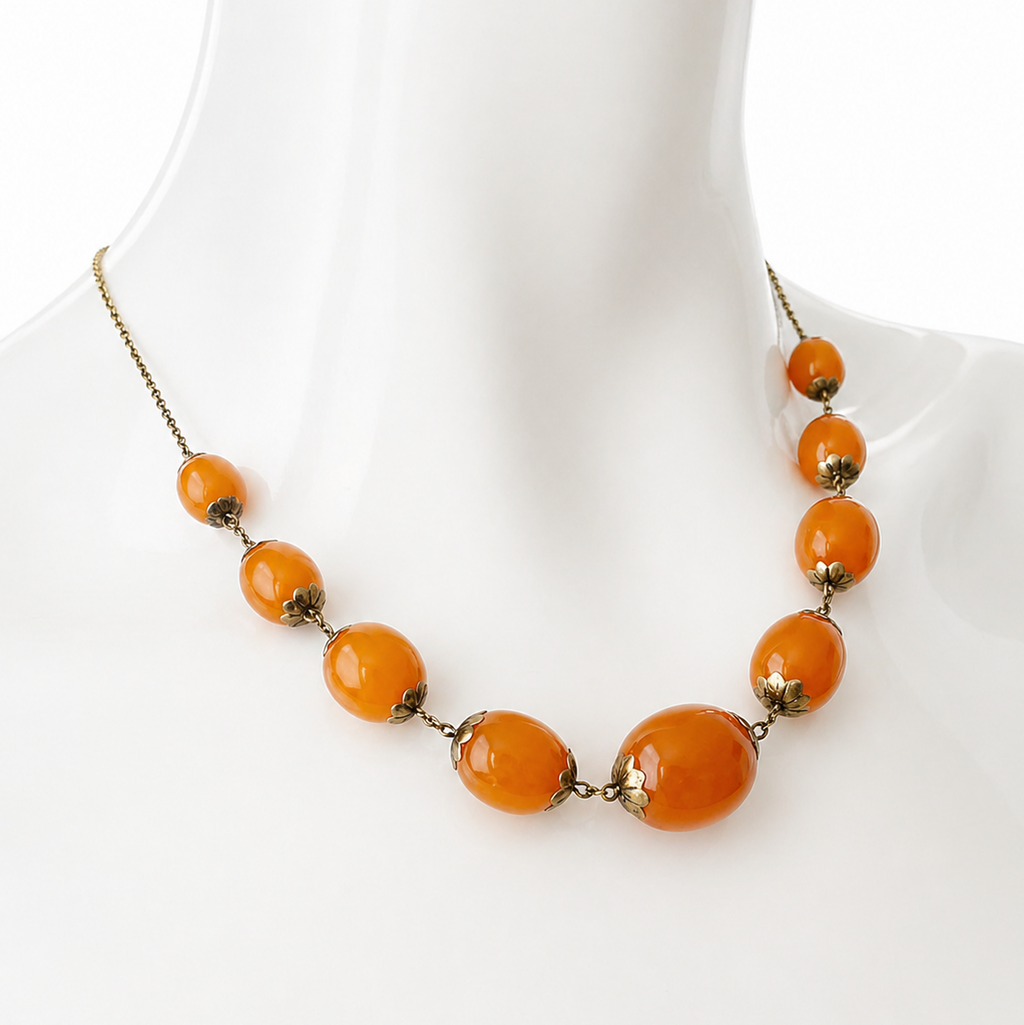 Vintage Soviet Amber Necklace, 875 Silver Gold-Plated Chain, 1950s USSR Jewelry