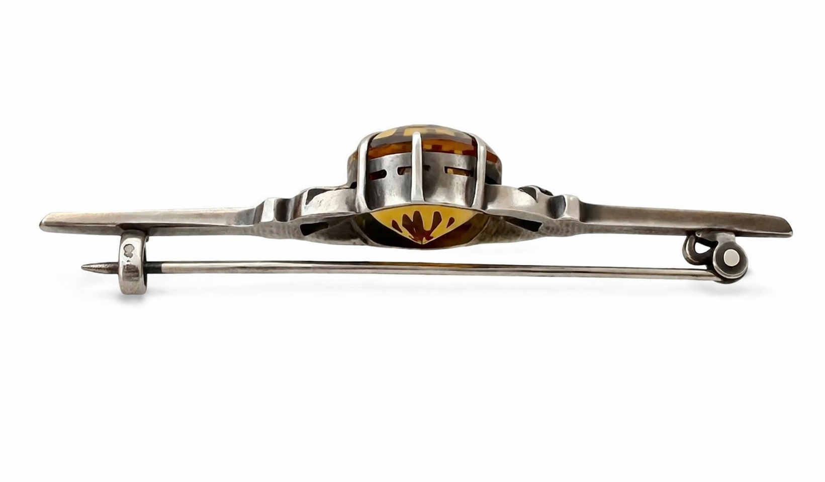 Art Deco Bar Brooch Orange Stone Silver Filigree 1920s Vintage Pin