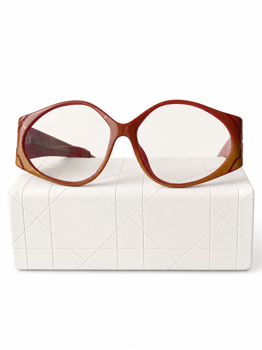 Vintage Christian Dior Glasses: Red & Brown Optyl Frame, Oversized Lens, Original Box