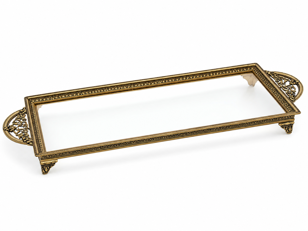 Vintage Brass Vanity Set With Glass Tray And Round Beveled Dressing Table Mirror