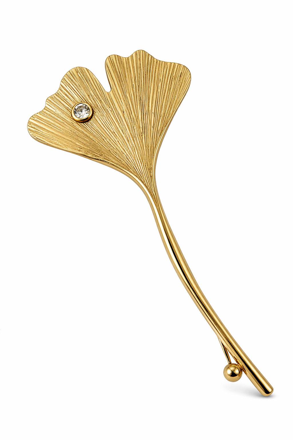 Vintage 9ct Gold Ginkgo Leaf Brooch, 375 Pin with Cubic Zirconia